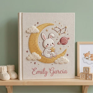 Hand Embroidered Baby Photo Album, Personalized Bunny Moon Baby Book, Custom Name Celestial Nursery Keepsake, Baby Shower Gift