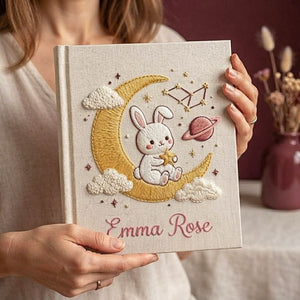 Hand Embroidered Baby Photo Album, Personalized Bunny Moon Baby Book, Custom Name Celestial Nursery Keepsake, Baby Shower Gift