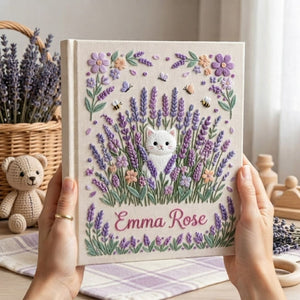 Hand Embroidered Baby Photo Album, Personalized Kitten Baby Book, Custom Name Lavender Floral Nursery Keepsake, Baby Shower Gift