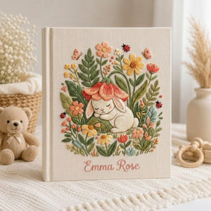 Hand Embroidered Baby Photo Album, Personalized Baby Album, Custom Bunny Memory Book, Woodland Baby Keepsake, Baby Shower Gift