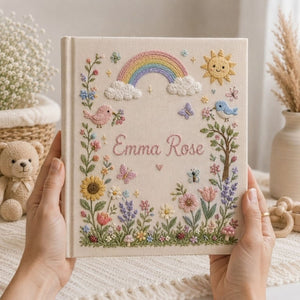 Hand Embroidered Baby Photo Album, Personalized Baby Album, Custom Rainbow Memory Book, Floral Nursery Keepsake, Baby Shower Gift