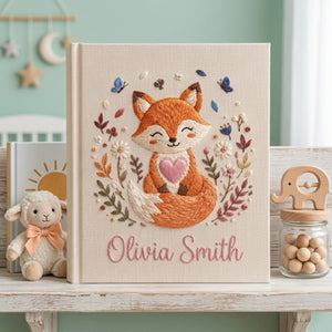 Hand Embroidered Baby Photo Album, Personalized Woodland Fox Baby Album, Custom Baby Memory Book, Baby Keepsake Gift, Nursery Decor