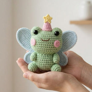 Cute Crochet Fairy Frog Doll Plush, Kawaii Amigurumi Winged Frog Baby Toy, Handmade Pastel Nursery Decor Gift, Soft Magic Plush Sizes 4-12in
