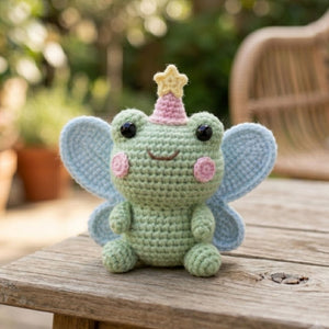 Cute Crochet Fairy Frog Doll Plush, Kawaii Amigurumi Winged Frog Baby Toy, Handmade Pastel Nursery Decor Gift, Soft Magic Plush Sizes 4-12in