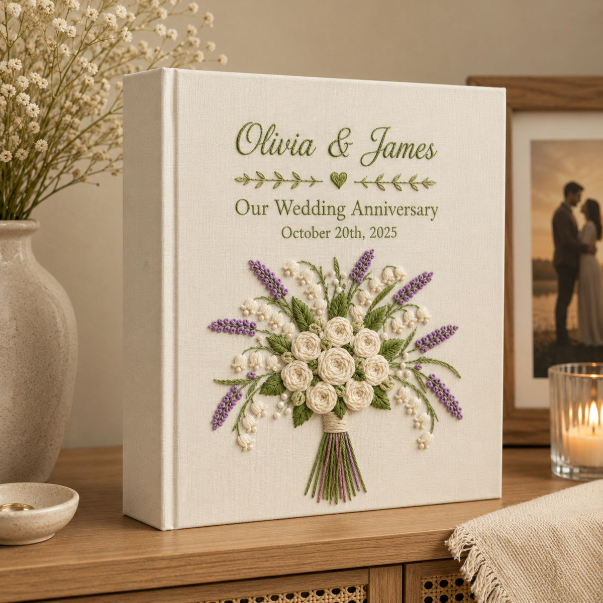 Custom Embroidered Wedding Photo Album, Lavender Lily of the Valley and Rose Bouquet Memory Book, Couple Memory Book Gift, Anniversary Gift