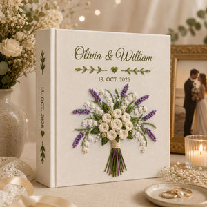 Custom Embroidered Wedding Photo Album, Lavender Lily of the Valley and Rose Bouquet Memory Book, Couple Memory Book Gift, Anniversary Gift