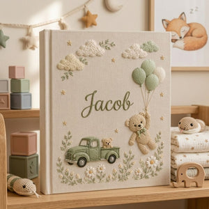 Personalized Baby Photo Album, Hand Embroidered Dinosaur Memory Book, Custom Name Keepsake, Woodland Nursery Gift, Newborn, Baby Shower Gift