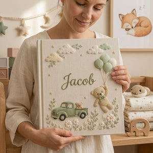 Personalized Baby Photo Album, Hand Embroidered Dinosaur Memory Book, Custom Name Keepsake, Woodland Nursery Gift, Newborn, Baby Shower Gift