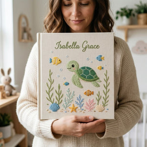 Personalized Baby Photo Album, Hand Embroidered Dinosaur Memory Book, Custom Name Keepsake, Woodland Nursery Gift, Newborn, Baby Shower Gift
