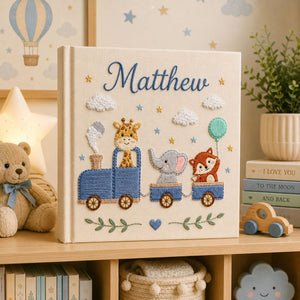 Hand Embroidered Safari Train Baby Photo Album, Linen Keepsake Baby Memory Book, Custom Newborn Airplane Baby Photo Album, Baby Shower Gift
