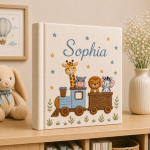 Hand Embroidered Safari Train Baby Photo Album, Linen Keepsake Baby Memory Book, Custom Newborn Airplane Baby Photo Album, Baby Shower Gift