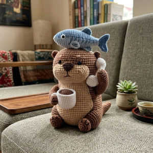 Crochet Otter Plush with Fish Hat and Coffee Cup, Handmade Amigurumi Animal Toy, Cute Kawaii Gift for Kids & Collectors, Sizes 4-12 Inches
