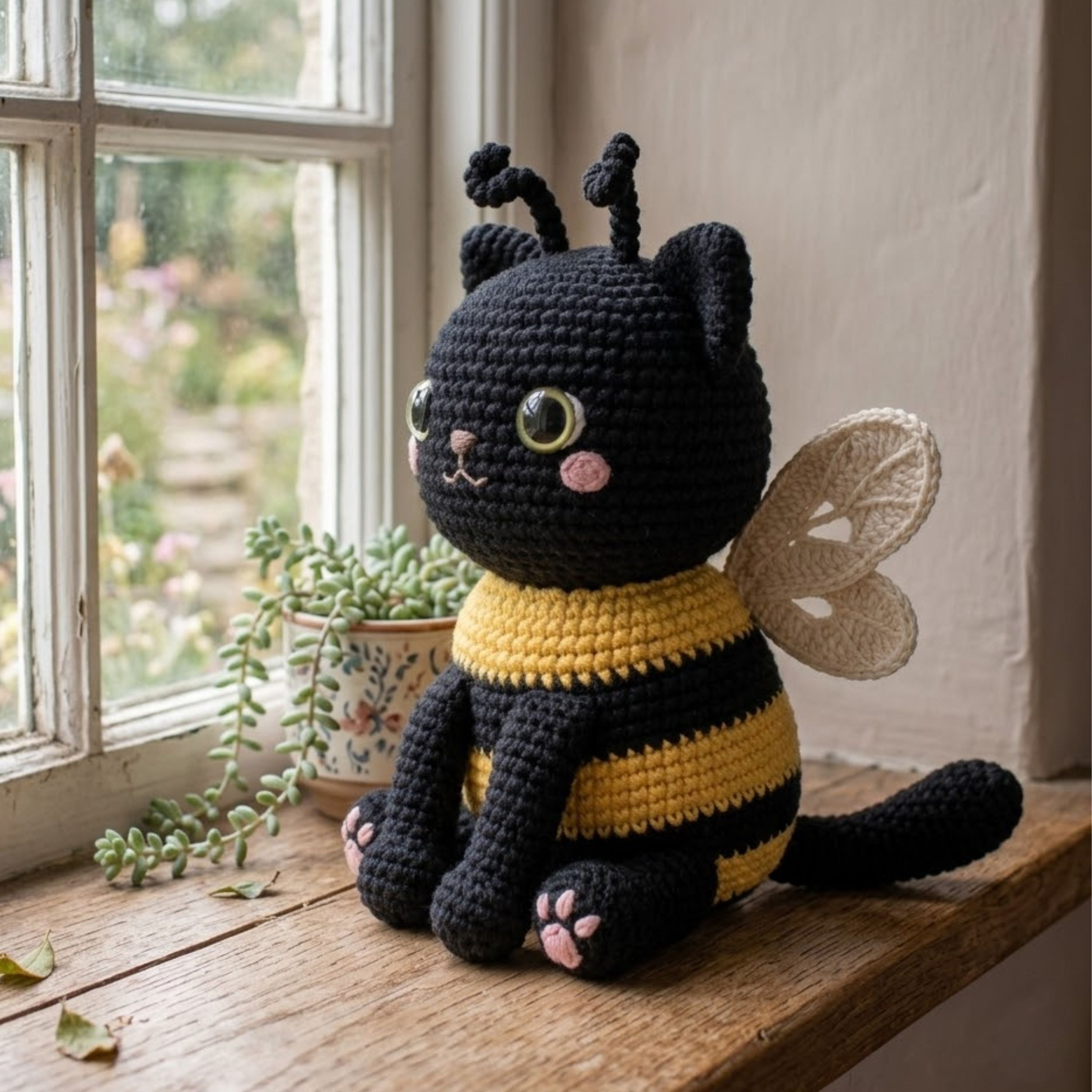 Cute Crochet Bee Cat Plush, Kawaii Amigurumi Black Cat Doll, Handmade Bumblebee Kitten Gift, Nursery Decor Toy Sizes 4-12in