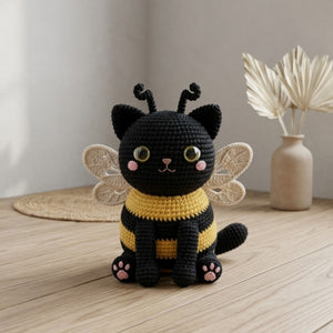 Cute Crochet Bee Cat Plush, Kawaii Amigurumi Black Cat Doll, Handmade Bumblebee Kitten Gift, Nursery Decor Toy Sizes 4-12in