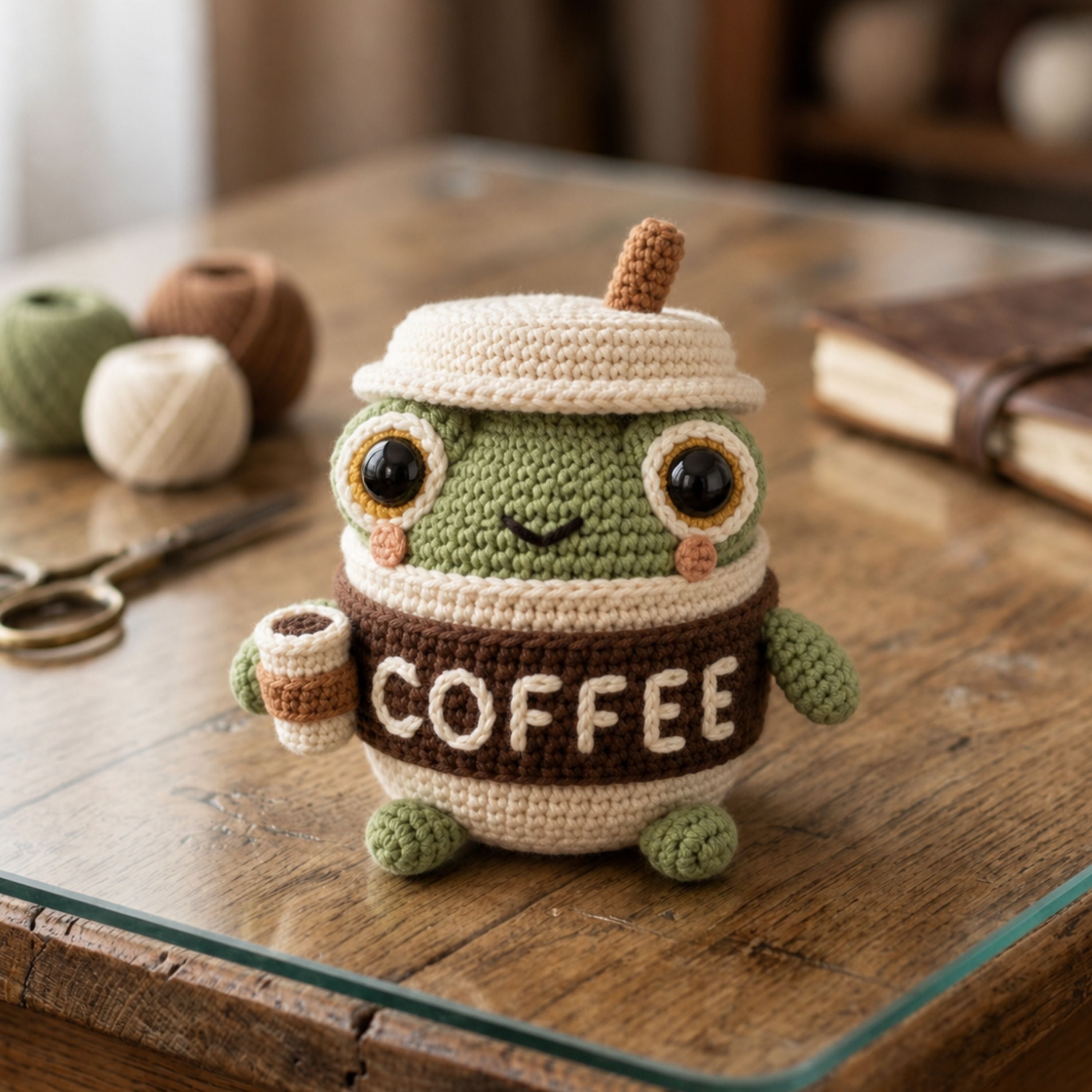 Crochet Frog Coffee Plush, Handmade Amigurumi Frog Cup Toy with Mini Coffee, Cute Kawaii Gift for Kids, Collectors, Desk Decor, Sizes 4-12in