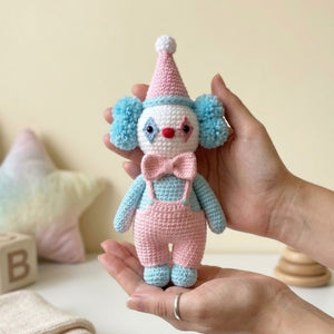 Cute Crochet Clown Doll Plush, Kawaii Amigurumi Circus Baby Toy, Handmade Pastel Nursery Decor Gift, Soft Clown Plush Sizes 4-12in Kids Gift