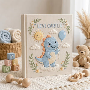 Personalized Baby Photo Album, Hand Embroidered Dinosaur Memory Book, Custom Name Keepsake, Woodland Nursery Gift, Newborn, Baby Shower Gift