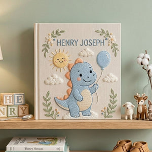 Personalized Baby Photo Album, Hand Embroidered Dinosaur Memory Book, Custom Name Keepsake, Woodland Nursery Gift, Newborn, Baby Shower Gift