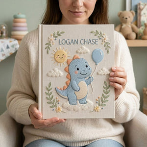 Personalized Baby Photo Album, Hand Embroidered Dinosaur Memory Book, Custom Name Keepsake, Woodland Nursery Gift, Newborn, Baby Shower Gift
