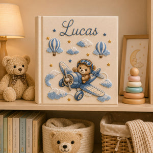 Hand Embroidered Teddy Bear Baby Photo Album, Airplane Teddy Bear Keepsake Book, Custom Hot Air Balloon Newborn Memory Book, Nursery Gift