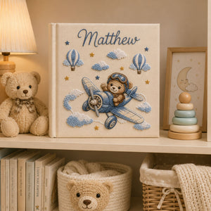 Hand Embroidered Teddy Bear Baby Photo Album, Airplane Teddy Bear Keepsake Book, Custom Hot Air Balloon Newborn Memory Book, Nursery Gift