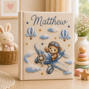 Hand Embroidered Teddy Bear Baby Photo Album, Airplane Teddy Bear Keepsake Book, Custom Hot Air Balloon Newborn Memory Book, Nursery Gift