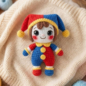 Crochet Jester Doll Plush, Handmade Amigurumi Clown Stuffed Toy, Cute Circus Gift, Kawaii Nursery Decor, Sizes 4-12 Inch Kids Gift Toy Decor