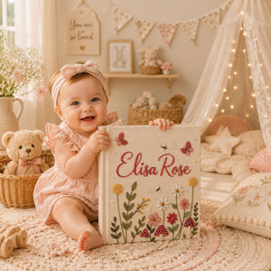 Hand Embroidered Linen Baby Photo Album, Floral Butterfly Keepsake Memory Book, Butterfly Wildflower Mushroom Photo Album, Baby Shower Gift