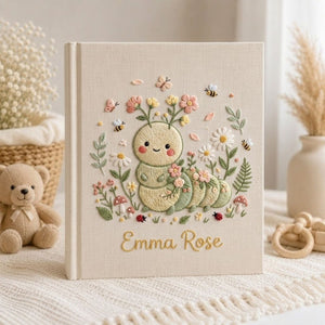 Hand Embroidered Baby Photo Album, Personalized Caterpillar Baby Book, Custom Name Floral Garden Nursery Keepsake, Baby Shower Gift