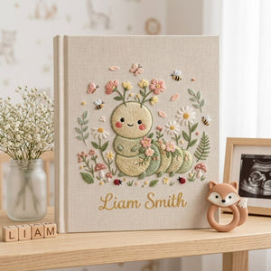 Hand Embroidered Baby Photo Album, Personalized Caterpillar Baby Book, Custom Name Floral Garden Nursery Keepsake, Baby Shower Gift