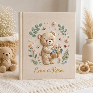Hand Embroidered Baby Photo Album, Personalized Teddy Bear Baby Book, Custom Name Floral Basket Nursery Keepsake, Baby Shower Gift
