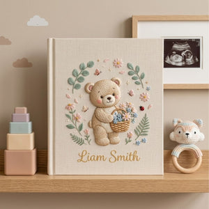 Hand Embroidered Baby Photo Album, Personalized Teddy Bear Baby Book, Custom Name Floral Basket Nursery Keepsake, Baby Shower Gift