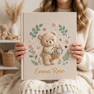Hand Embroidered Baby Photo Album, Personalized Teddy Bear Baby Book, Custom Name Floral Basket Nursery Keepsake, Baby Shower Gift