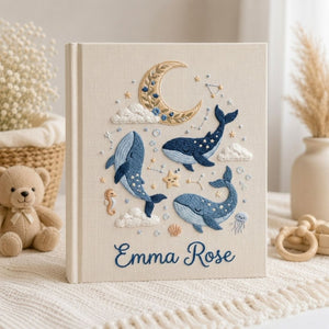 Hand Embroidered Baby Photo Album, Personalized Whale Baby Book, Ocean Dream Nursery Keepsake, Moon Star Custom Name Album, Baby Shower Gift