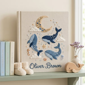 Hand Embroidered Baby Photo Album, Personalized Whale Baby Book, Ocean Dream Nursery Keepsake, Moon Star Custom Name Album, Baby Shower Gift