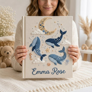 Hand Embroidered Baby Photo Album, Personalized Whale Baby Book, Ocean Dream Nursery Keepsake, Moon Star Custom Name Album, Baby Shower Gift