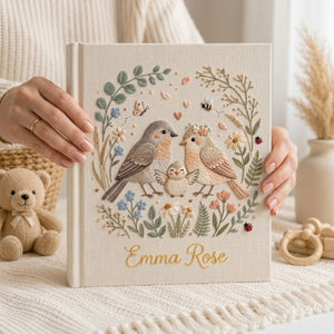 Hand Embroidered Baby Photo Album, Personalized Bird Family Baby Book, Floral Wreath Nursery Keepsake, Custom Name Baby Shower Gift