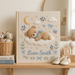 Hand Embroidered Baby Photo Album, Personalized Sleeping Bear Baby Book, Moon Cloud Nursery Keepsake, Custom Name Baby Boy Gift