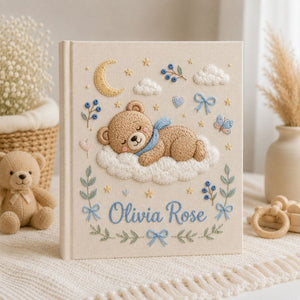Hand Embroidered Baby Photo Album, Personalized Sleeping Bear Baby Book, Moon Cloud Nursery Keepsake, Custom Name Baby Boy Gift