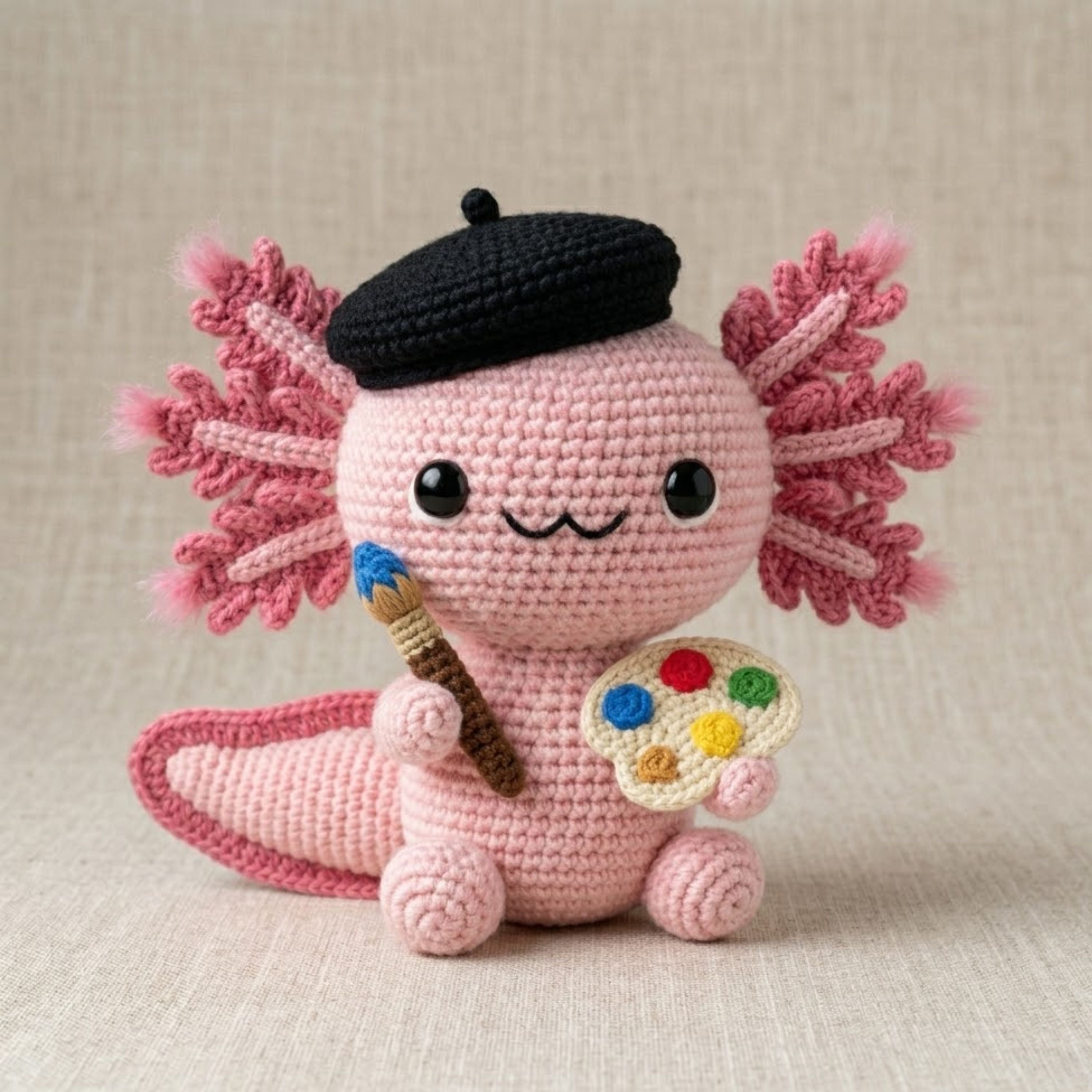 Crochet Artist Axolotl Plush, Handmade Amigurumi Salamander Doll, Cute Painter Gift, Kawaii Room Decor, Nursery Toy, 4-12 In