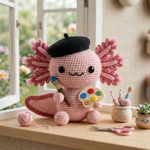 Crochet Artist Axolotl Plush, Handmade Amigurumi Salamander Doll, Cute Painter Gift, Kawaii Room Decor, Nursery Toy, 4-12 In