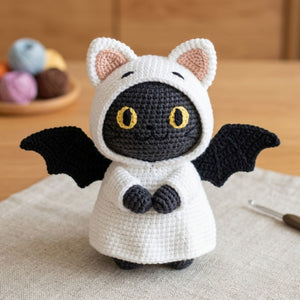 Crochet Bat Cat Plush, Handmade Amigurumi Black Bat Doll With Cat Hood, Spooky Cute Nursery Toy, Kawaii Halloween Gift Decor, 4-12 Inch Doll