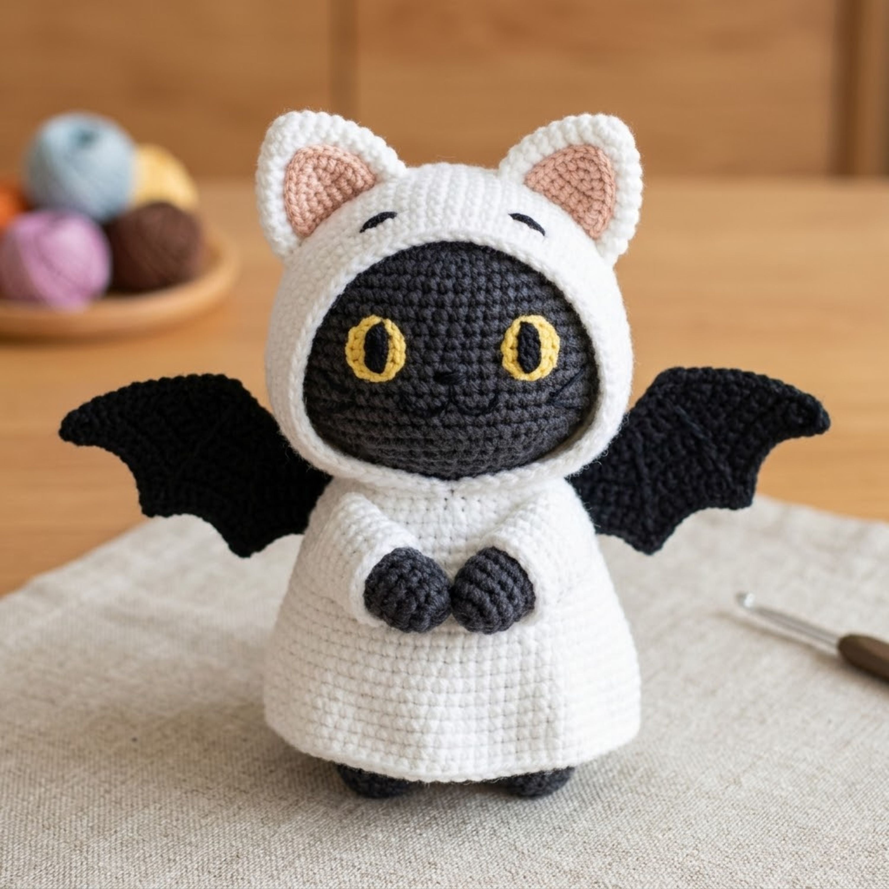 Crochet Bat Cat Plush, Handmade Amigurumi Black Bat Doll With Cat Hood, Spooky Cute Nursery Toy, Kawaii Halloween Gift Decor, 4-12 Inch Doll