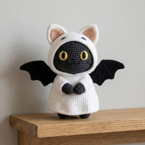 Crochet Bat Cat Plush, Handmade Amigurumi Black Bat Doll With Cat Hood, Spooky Cute Nursery Toy, Kawaii Halloween Gift Decor, 4-12 Inch Doll