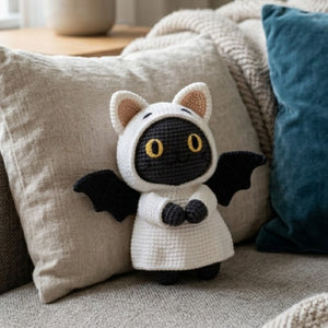 Crochet Bat Cat Plush, Handmade Amigurumi Black Bat Doll With Cat Hood, Spooky Cute Nursery Toy, Kawaii Halloween Gift Decor, 4-12 Inch Doll