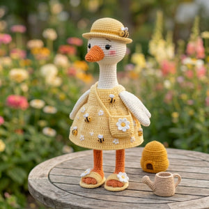 Crochet Goose Doll Plush, Handmade Amigurumi Goose in Bee Dress, Cute Spring Garden Nursery Toy, Kawaii 4-12 Inch Gift Decor, Bee Lover Toy