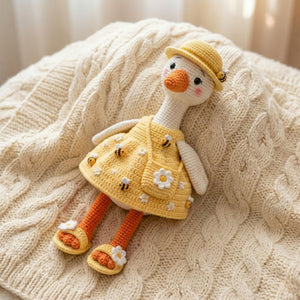 Crochet Goose Doll Plush, Handmade Amigurumi Goose in Bee Dress, Cute Spring Garden Nursery Toy, Kawaii 4-12 Inch Gift Decor, Bee Lover Toy