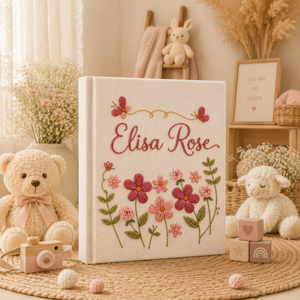 Hand Embroidered Floral Baby Photo Album With Sleeves, Custom Linen Baby Memory Book, Floral Butterfly Nursery Keepsake Album, Baby Shower Gift