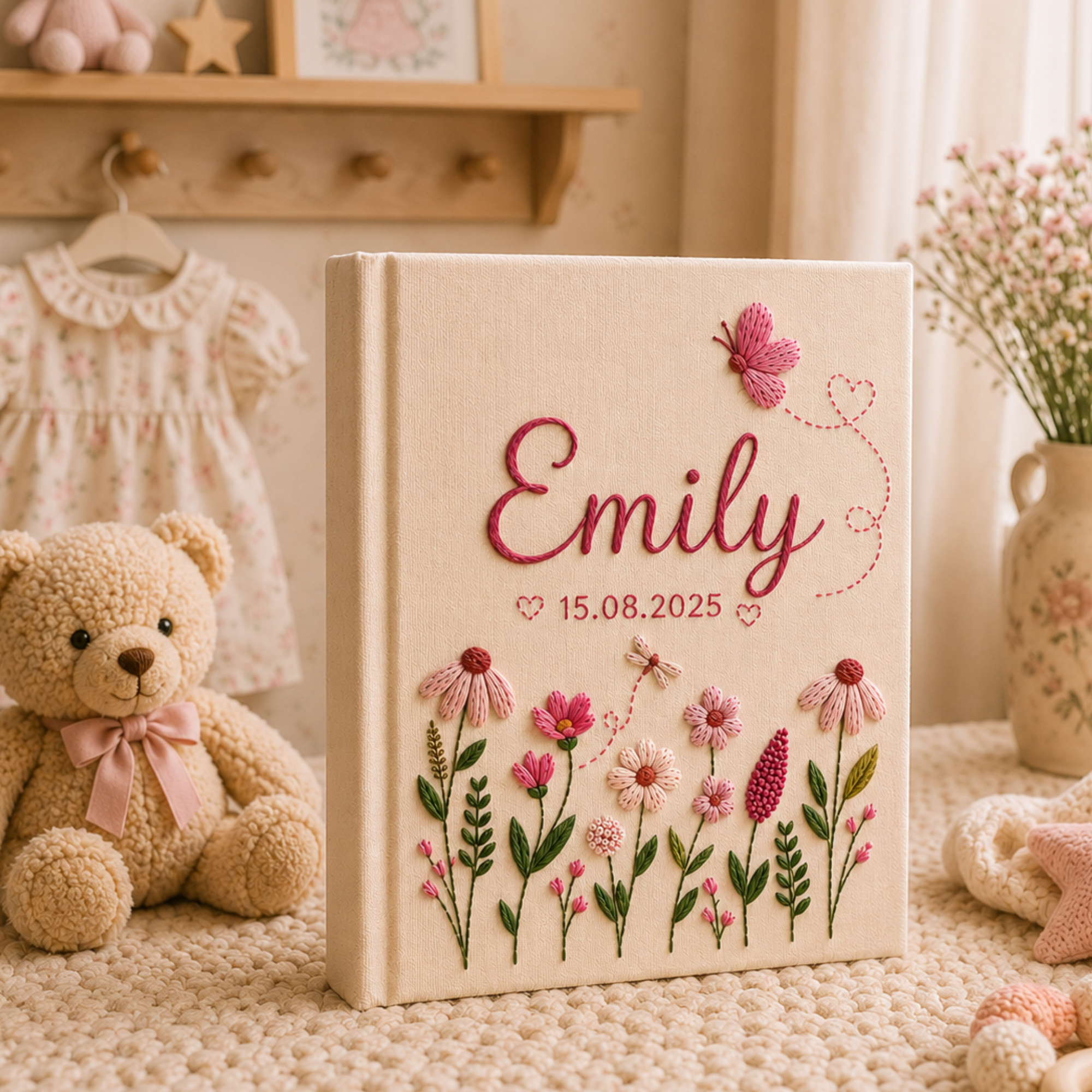 Hand Embroidered Baby Photo Album With Sleeves, Custom Linen Baby Memory Book, Floral Butterfly Nursery Keepsake Album, Baby Shower Gift