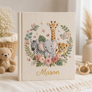Personalized Safari Baby Embroidered Photo Album, Custom Name Jungle Animals Baby Memory Book, Elephant Giraffe Zebra Nursery Keepsake Gift